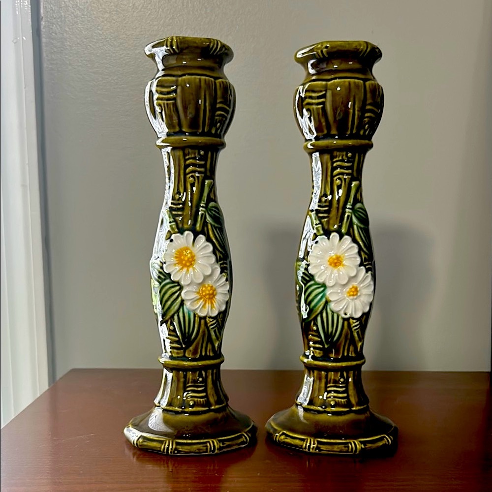 Vintage Ceramic Green Bamboo Candlesticks - set of 2